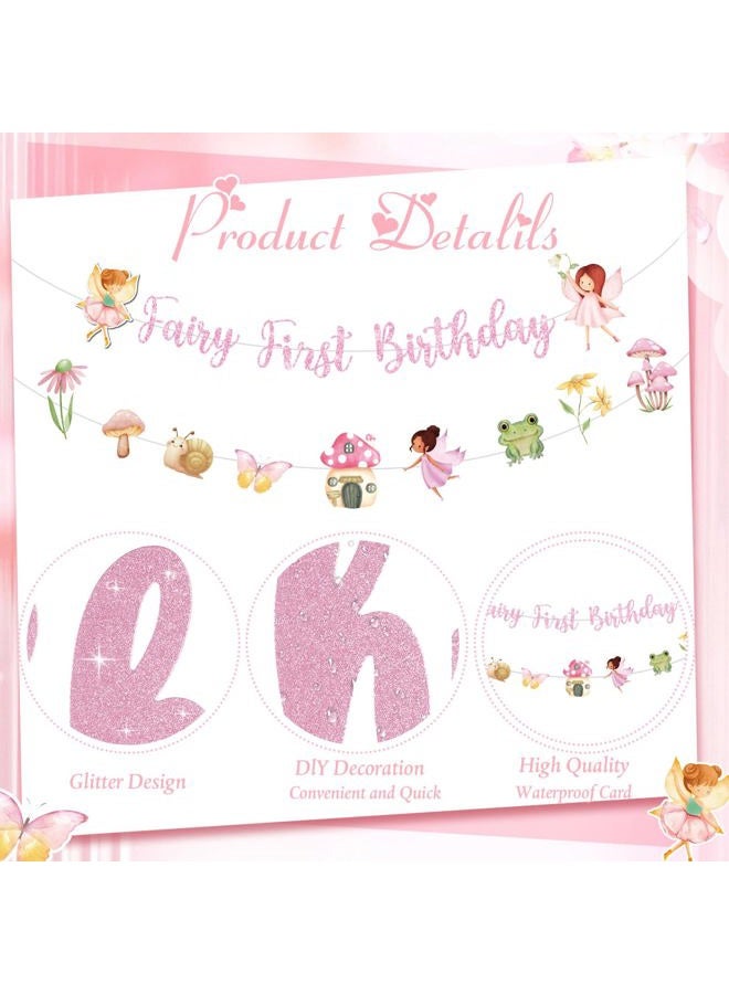 Tiamon Fairy First Birthday Decorations Banners Glitter Pink 1st Fairy Birthday Banner Hanging Garlands for Baby Girl Wonderland Garden Tale Themed Party Decor Supplies - Image 2