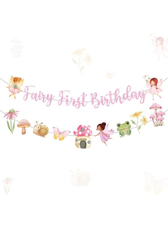 Tiamon Fairy First Birthday Decorations Banners Glitter Pink 1st Fairy Birthday Banner Hanging Garlands for Baby Girl Wonderland Garden Tale Themed Party Decor Supplies - Image 1