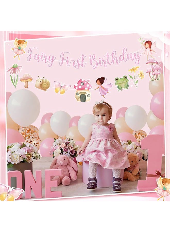 Tiamon Fairy First Birthday Decorations Banners Glitter Pink 1st Fairy Birthday Banner Hanging Garlands for Baby Girl Wonderland Garden Tale Themed Party Decor Supplies - Image 4