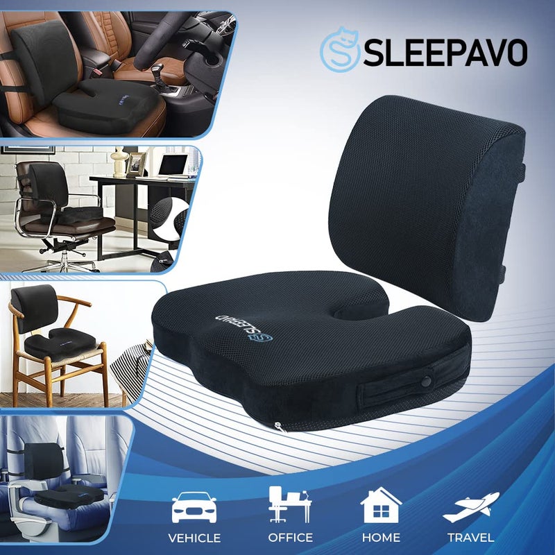 Sleepavo Memory Foam Seat Cushion for Office Chair-Orthopedic Back and Butt Pillow for Sciatica Tailbone Coccyx Hip Pain Relief for Sitting, Gaming, Desk, Car, Airplane-Padded Lumbar Support Pillow - Image 2