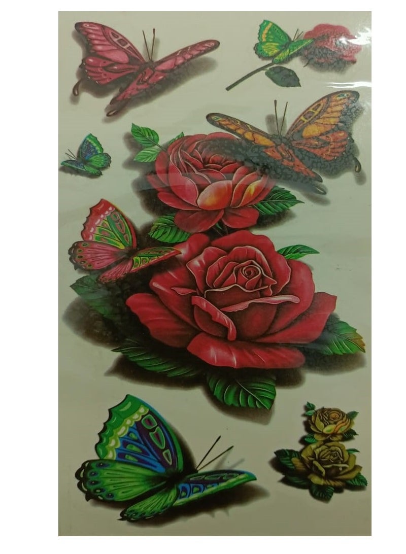 تاتومؤقت على شكل وردة وفراشات ملونة جذابة