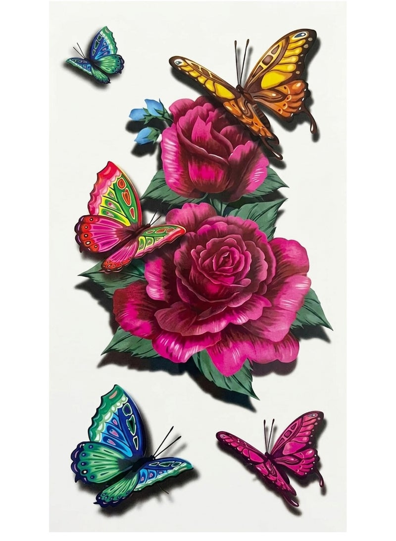 Temporary tattoo in the shape of a rose and attractive colorful butterflies