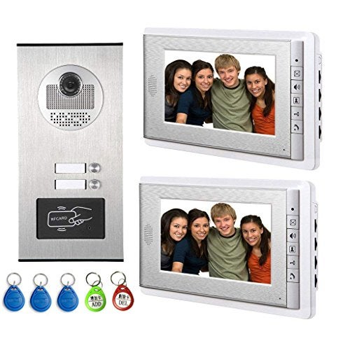 AMOCAM Video Intercom Entry System Wired 7 inches LCD Monitor Video Door Phone Doorbell with 5PCS ID Card for 2 Units Apartment Support Monitoring Dual Way Door Intercom ID Keyfob Unlock - Image 1