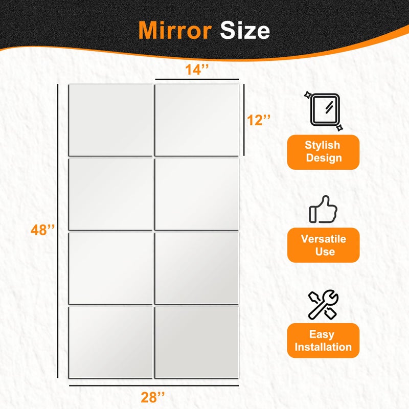Delma Frameless Mirror Tiles 14"x12"x8 Pcs Wall Mounted, Shatter Resistant Full Length Tempered Glass Panels for Home Gym Bathroom Bedroom & Living Room Decor - Image 4