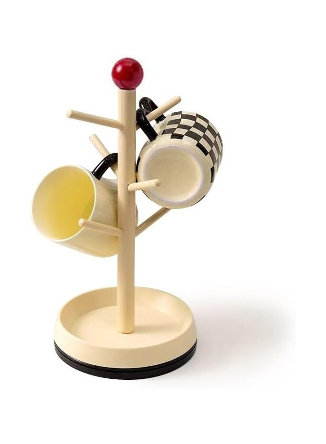 حامل أكواب قهوة دوار 360 درجة على سطح الطاولة، شجرة أكواب قهوة خشبية، حامل أكواب بقاعدة دوارة، حامل أكواب بـ 6 خطافات (أبيض-أحمر) - Image 3