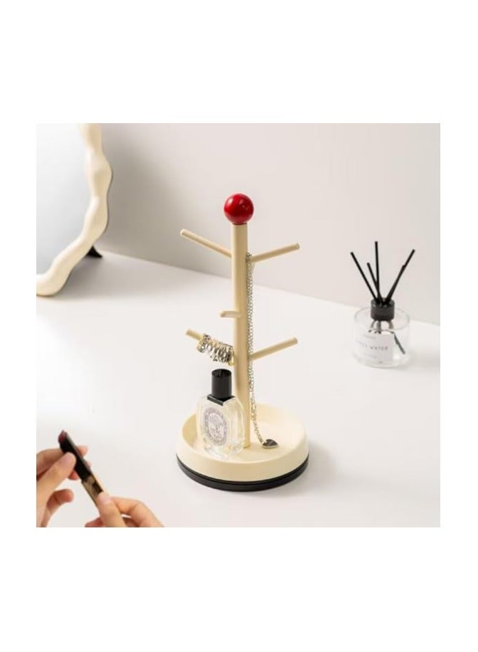 حامل أكواب قهوة دوار 360 درجة على سطح الطاولة، شجرة أكواب قهوة خشبية، حامل أكواب بقاعدة دوارة، حامل أكواب بـ 6 خطافات (أبيض-أحمر) - Image 2