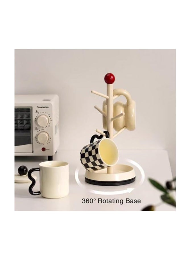 حامل أكواب قهوة دوار 360 درجة على سطح الطاولة، شجرة أكواب قهوة خشبية، حامل أكواب بقاعدة دوارة، حامل أكواب بـ 6 خطافات (أبيض-أحمر) - Image 4