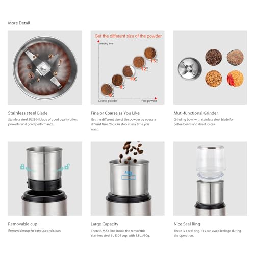 DR MILLS DM-7452 Electric Coffee Grinder,Spice Grinder Electric and Chopper,Detachable Cup, Diswash Free, Blade & Cup Made with SUS304 Stainless Steel - Image 4