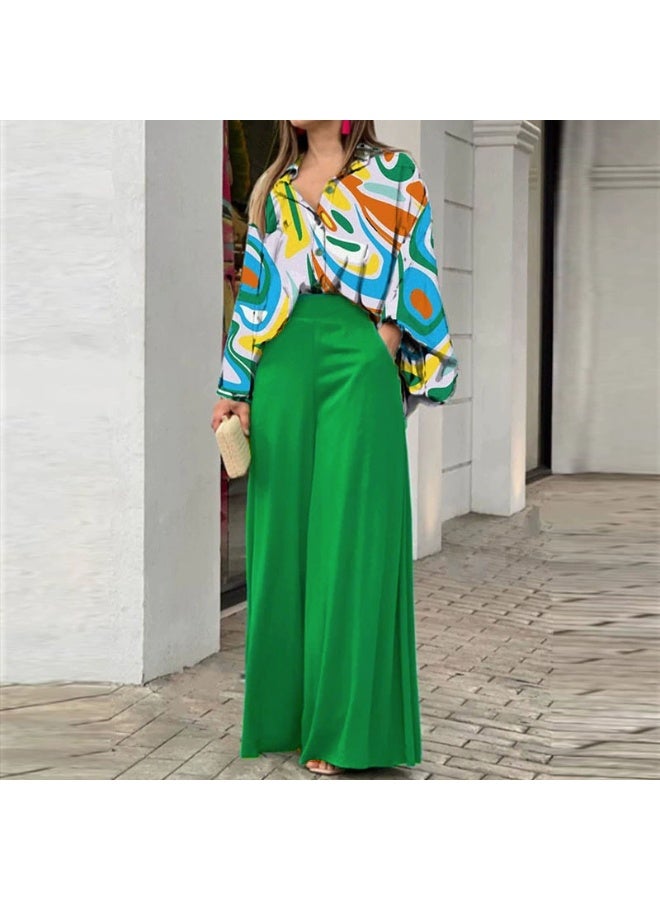 general 2025-2026 Women's set loose large size casual printed shirt solid color wide leg pants two-piece set - Image 1