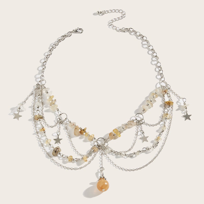 European and American Cross-border Niche Design Sweet Cool Natural Stone Beaded Five-pointed Star Tassel Agate Pendant Necklace Chain A2-8 (golden hair crystal)