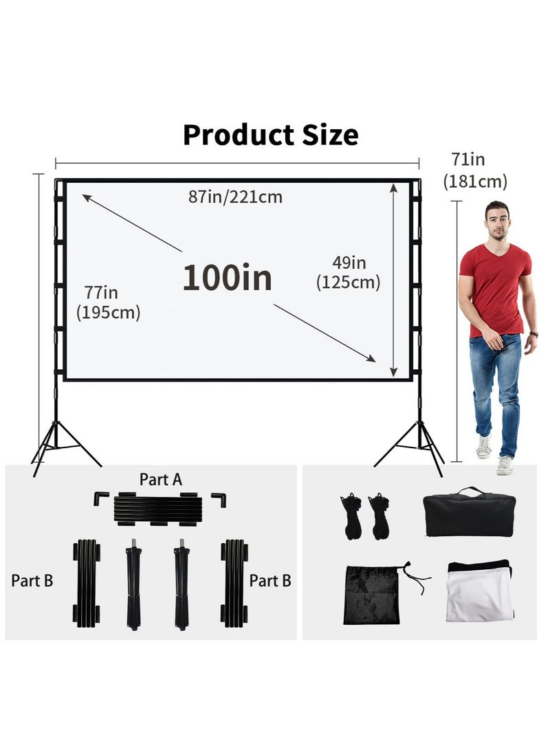 Arabest Projector Screen with Stand, 100 inch Outdoor Projector Screen Portable Indoor Projection Screen 16:9 4K Rear Front Movie Screen with Carry Bag for Home Backyard Theater - Image 2