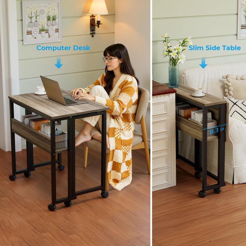 GreenForest Folding Desk Small Rolling Desk with Storage Shelf,24.8 inch Foldable Computer Desk with Wheels for Small Space,Easy Assembly,Grey Wash - Image 5