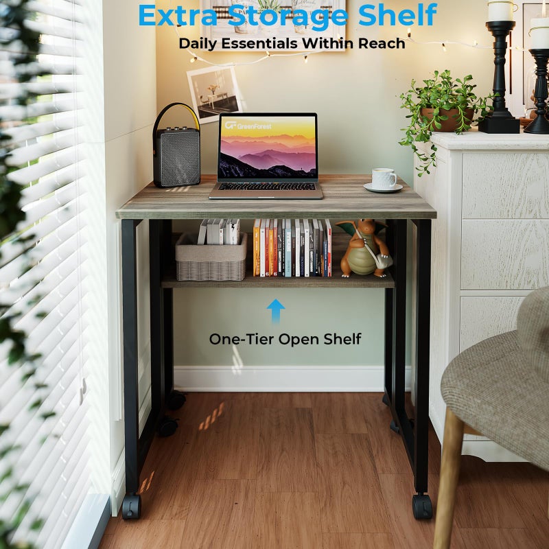GreenForest Folding Desk Small Rolling Desk with Storage Shelf,24.8 inch Foldable Computer Desk with Wheels for Small Space,Easy Assembly,Grey Wash - Image 4