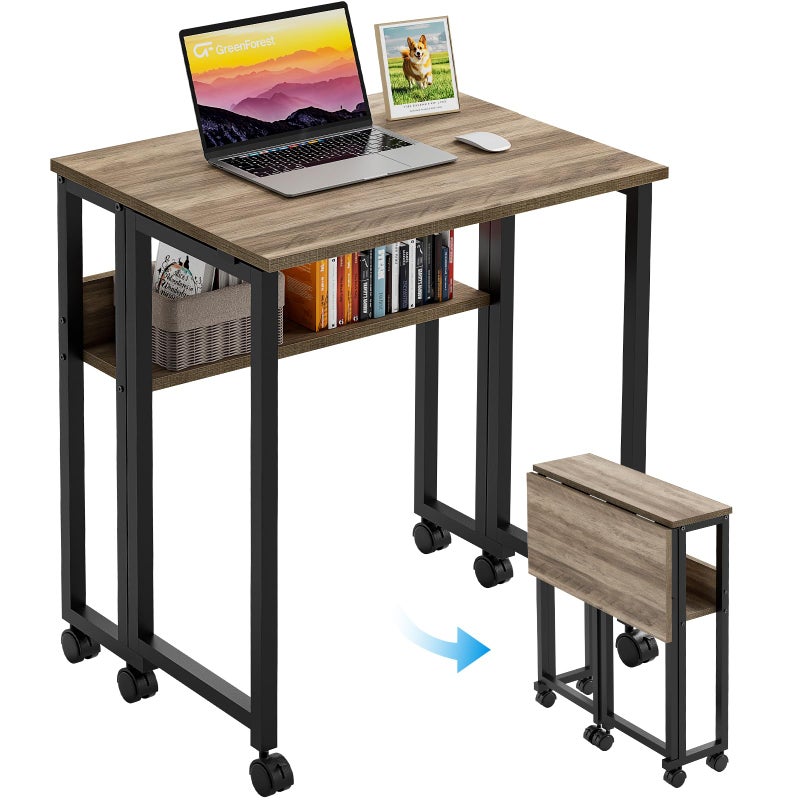 GreenForest Folding Desk Small Rolling Desk with Storage Shelf,24.8 inch Foldable Computer Desk with Wheels for Small Space,Easy Assembly,Grey Wash - Image 1