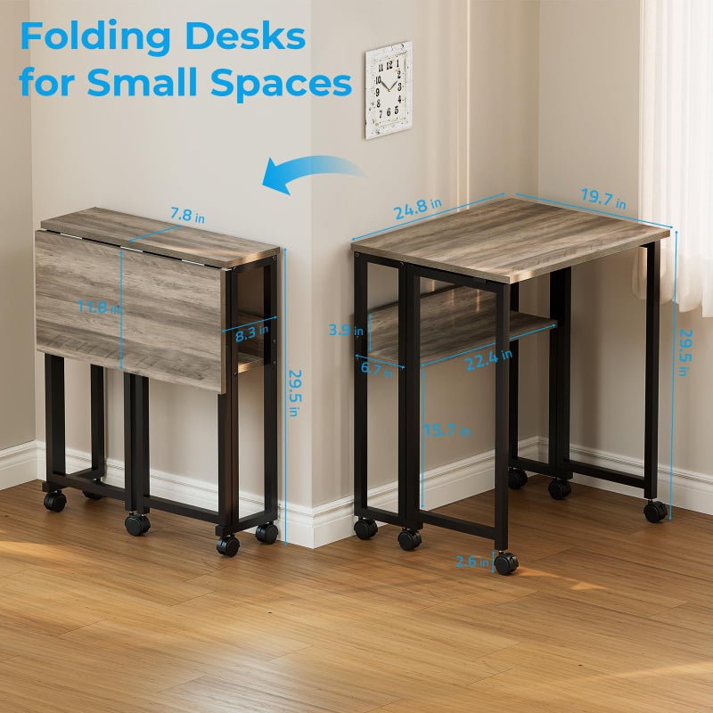 GreenForest Folding Desk Small Rolling Desk with Storage Shelf,24.8 inch Foldable Computer Desk with Wheels for Small Space,Easy Assembly,Grey Wash - Image 2