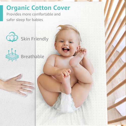 YENING Organic Cotton Pack and Play Mattress Pad Breathable 38x26 Waterproof Baby Mattress for Pack N Play Matress Topper Waterproof with Strap White - Image 3