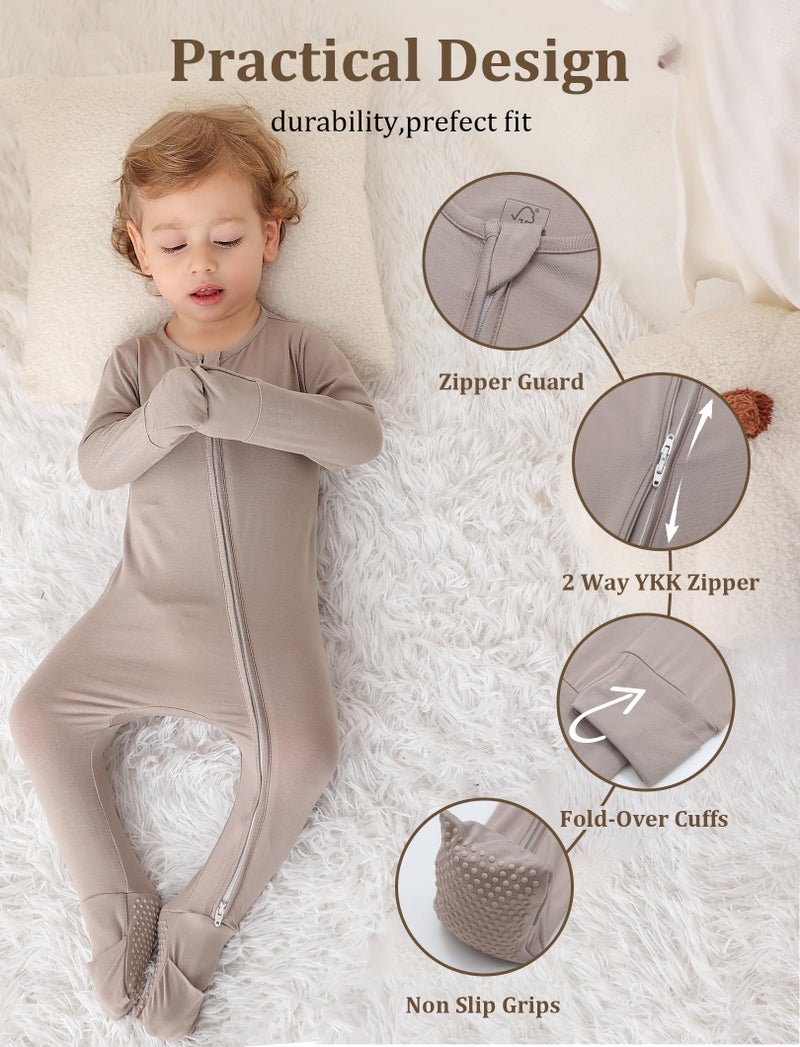 JunNeng Viscose from Bamboo Sleeper with Mittens, 2 Way Zipper Baby Boy Pajamas, Non Slip Sleep'N Play Romper Brown+Grey 12-18 Months - Image 4