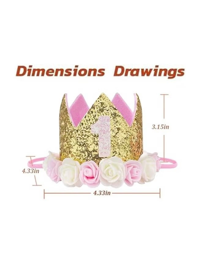 واي جيه تاج عيد ميلاد الطفل ، تتويج الأميرة تيجا قبعة حفلة بنات مع بريق ذهبي وورود وردية لحفلة عيد ميلاد1 قطعة - Image 2