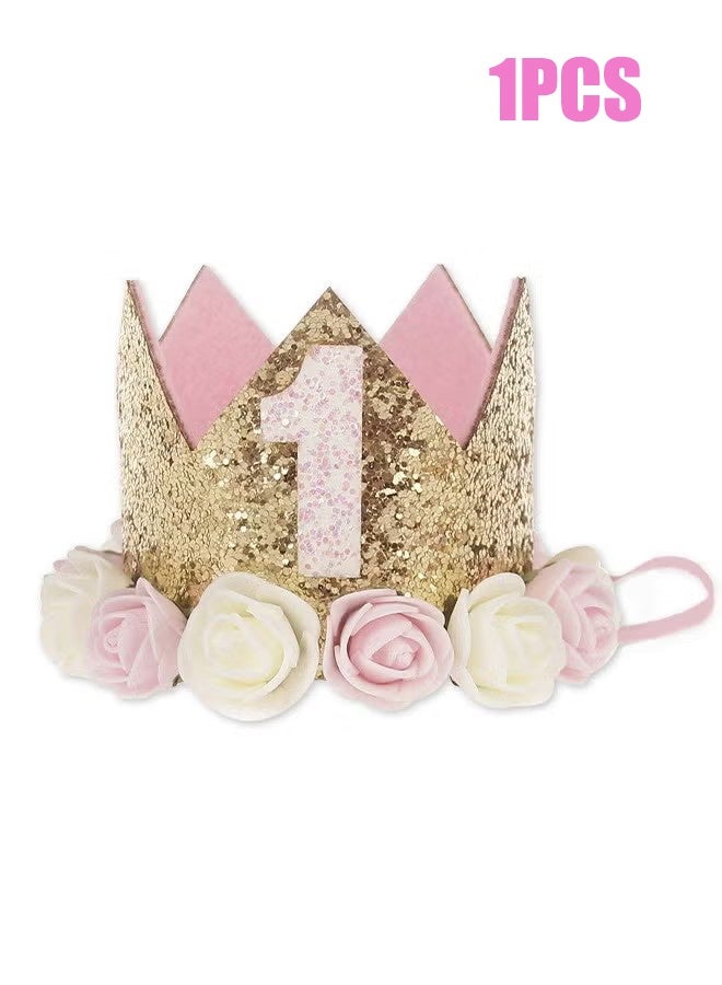 واي جيه تاج عيد ميلاد الطفل ، تتويج الأميرة تيجا قبعة حفلة بنات مع بريق ذهبي وورود وردية لحفلة عيد ميلاد1 قطعة - Image 1