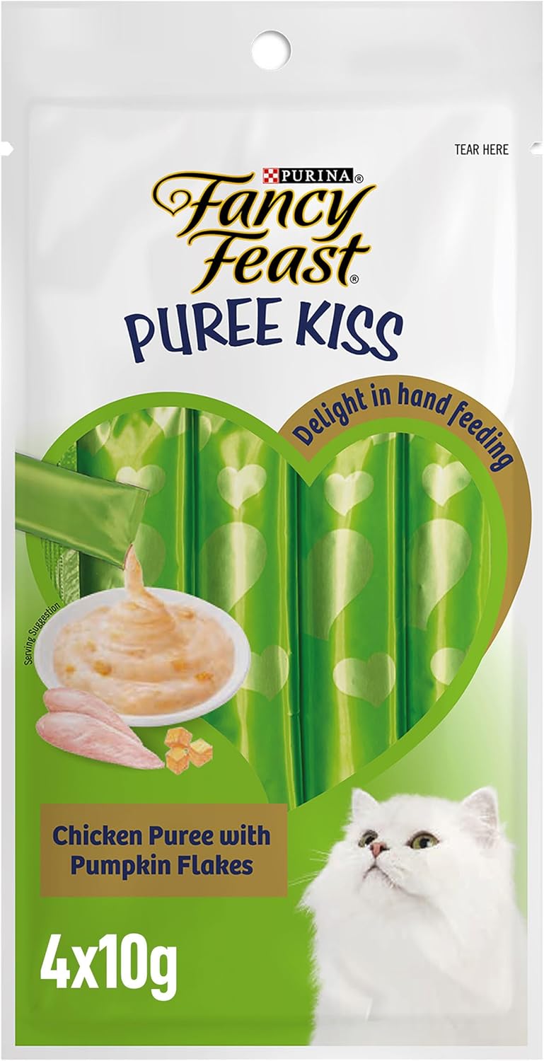 فانسي فيست بوريه كيس (Fancy Feast Puree Kiss) لدجاج مع رقائق اليقطين، 10 جرامات × 4 عبوات - Image 1