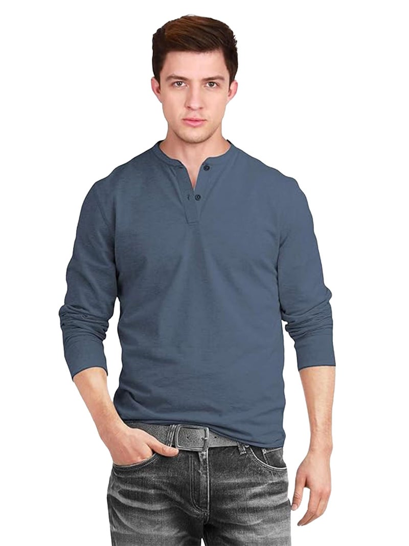 fanideaz Mens Cotton Henley T Shirt Full Sleeve for Men Casual Wear Soft Fabric Stylish Solid T Shirt_0266BL_M_Blue Marl - Image 1