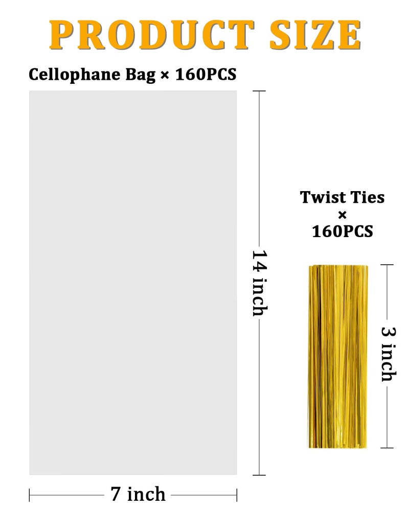 Labeol 160pcs Clear Cellophane Bags 7X14 Treat Bags with Ties Goodie Bag Clear Gift Bag for Packaging Popcorn Party Favor Cookie Candy Bakery Plastic Gift Wrap - Image 4