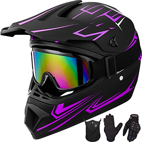 Yesmotor Youth Kids Motocross Helmet Motorcycle Dirt Bike OffRoad Mountain Bike BMX MX ATV Helmet withGloves Goggles Mask 4Pcs Set  DOT ApprovedPurpleM