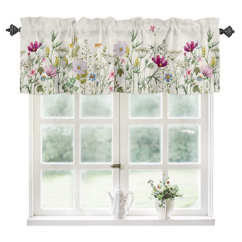 YOKOU YOKOU Kitchen Curtain Valance  Flower Spring Wildflowers Vintage Farm Watercolor Floral Leaf Plant Short Rod Pocket Window Curtain for Bedroom  Bathroom  1 Panel  54"" W x 18"" L  - Image 1