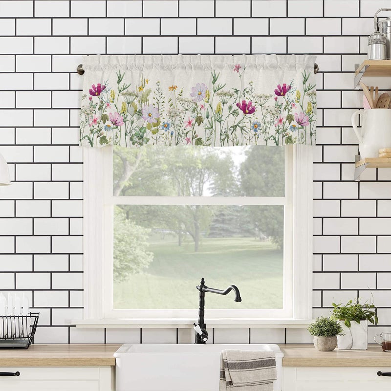 YOKOU YOKOU Kitchen Curtain Valance  Flower Spring Wildflowers Vintage Farm Watercolor Floral Leaf Plant Short Rod Pocket Window Curtain for Bedroom  Bathroom  1 Panel  54"" W x 18"" L  - Image 4