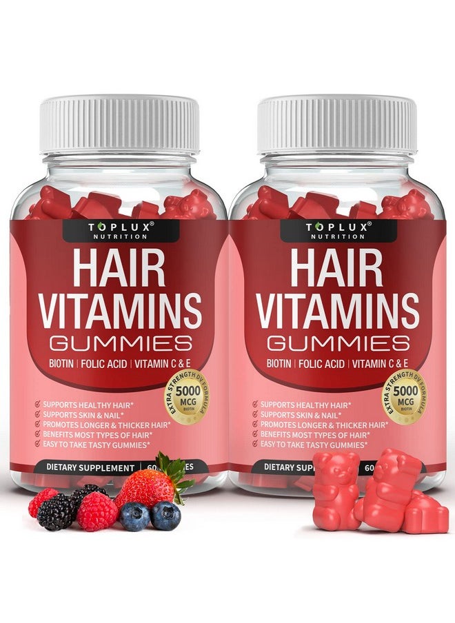Toplux Hair Vitamins Gummies Supplement Faster Hair Growth Gummy 5000Mcg Biotin Folic Acid Vitamin C & E Support Stronger & Thicker Hair Skin Nails Nongmo For Men Women 60 Berry Flavored Gummies  - Image 2