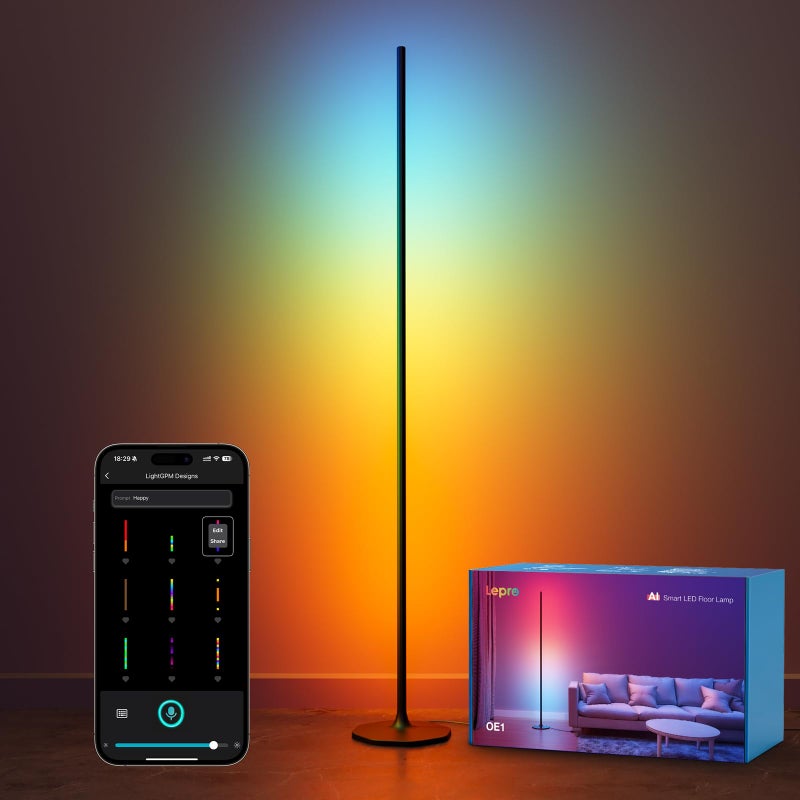 Lepro OE1 AI Corner Floor Lamp, Smart RGBICW LED Corner Lamp with Music Sync, Alexa Enabled, Personalized AI Lighting Designer, Modern Standing Lamp for Living Room/Bedroom,1000LM,2.4G WiFi, No Remote - Image 1