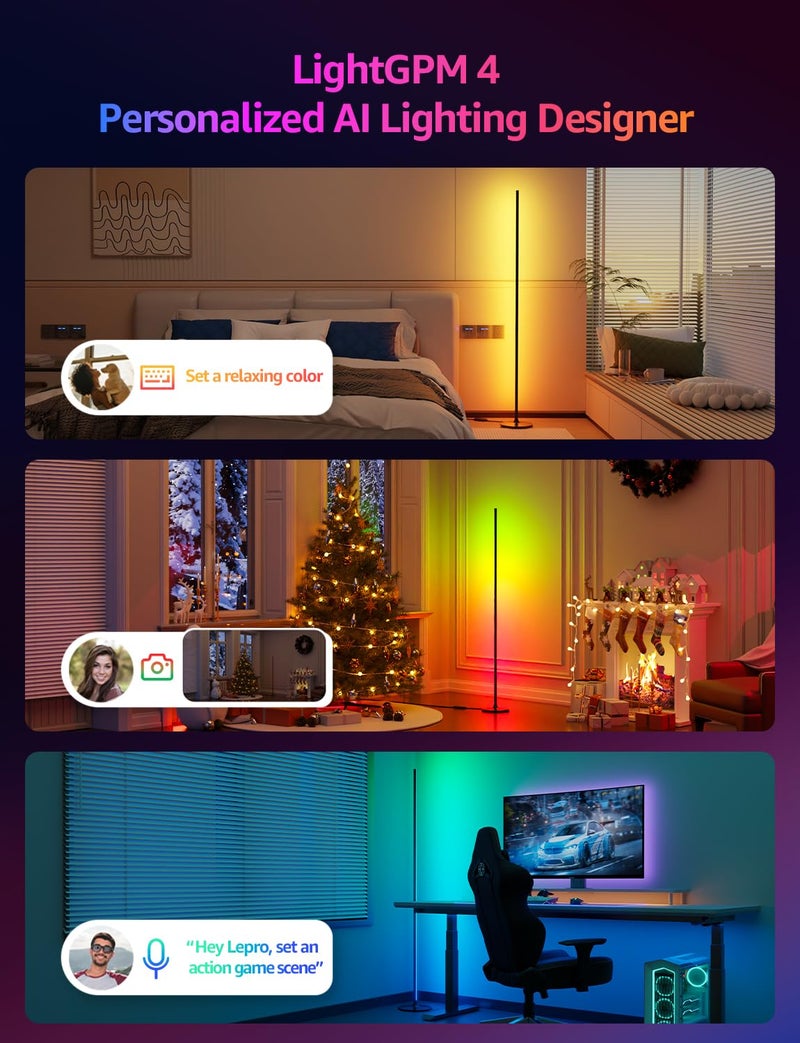 Lepro OE1 AI Corner Floor Lamp, Smart RGBICW LED Corner Lamp with Music Sync, Alexa Enabled, Personalized AI Lighting Designer, Modern Standing Lamp for Living Room/Bedroom,1000LM,2.4G WiFi, No Remote - Image 2