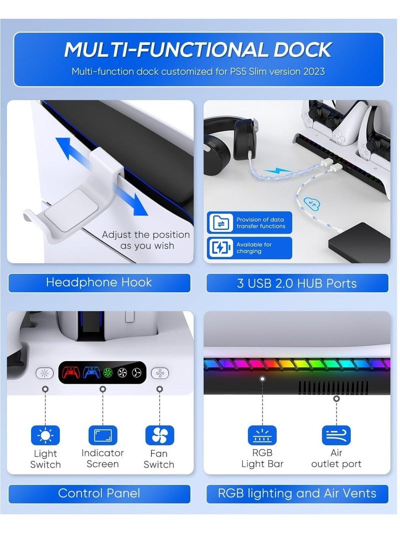 حامل تبريد PS5 Slim مع محطة شحن وحدة التحكم لوحدة التحكم PS5 Slim لوحدة التحكم PS5 Slim (رقمي/قرص)، ملحقات بلاي ستيشن 5 Slim تتضمن أضواء RGB وخطاف سماعة رأس، مروحة صامتة 3 مستويات، 3 منافذ USB - Image 5