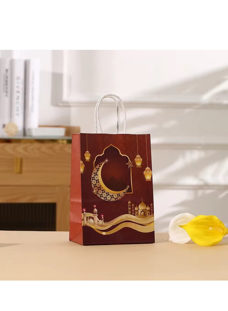 12 قطعة من أكياس هدايا رمضان كريم، أكياس ورق كرافت، تصميم فانوس هلال وقمر، ديكورات المهرجان، أحمر غامق 15×8×21 سم - Image 2