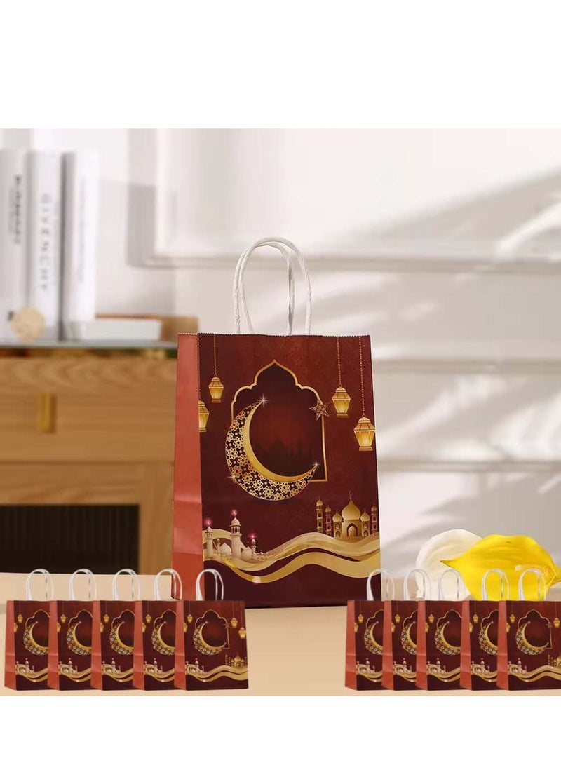 12 قطعة من أكياس هدايا رمضان كريم، أكياس ورق كرافت، تصميم فانوس هلال وقمر، ديكورات المهرجان، أحمر غامق 15×8×21 سم - Image 1
