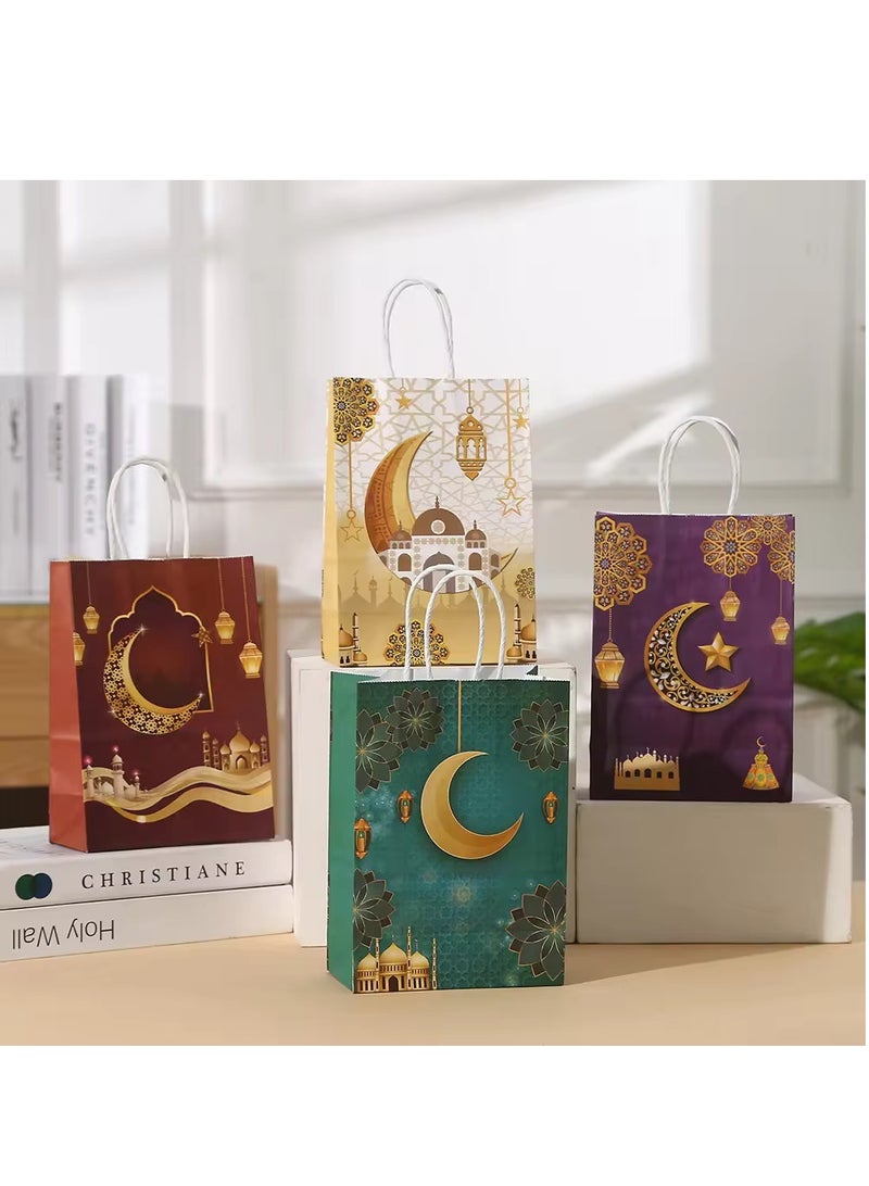 12 قطعة من أكياس هدايا رمضان كريم، أكياس ورق كرافت، تصميم فانوس هلال وقمر، ديكورات المهرجان، أحمر غامق 15×8×21 سم - Image 4