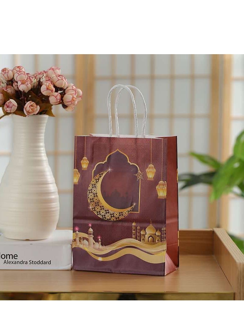 12 قطعة من أكياس هدايا رمضان كريم، أكياس ورق كرافت، تصميم فانوس هلال وقمر، ديكورات المهرجان، أحمر غامق 15×8×21 سم - Image 3