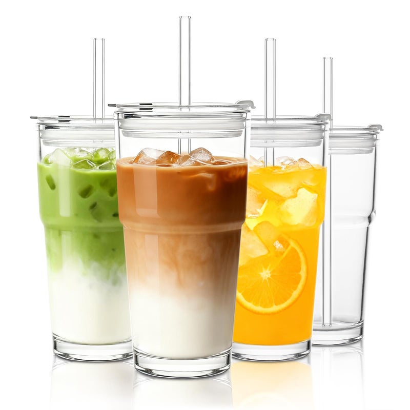 INSETLAN 20oz Glass Tumbler with Glass Straw and Lid, Set of 4 - Thickened Ice Coffee Cup, Glass Cup with Lid and Straw for Smoothie, Tea, Milk, Whiskey, Water and More â€“ Elegant & Durable - Image 1