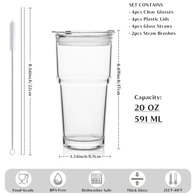 INSETLAN 20oz Glass Tumbler with Glass Straw and Lid, Set of 4 - Thickened Ice Coffee Cup, Glass Cup with Lid and Straw for Smoothie, Tea, Milk, Whiskey, Water and More â€“ Elegant & Durable - Image 2