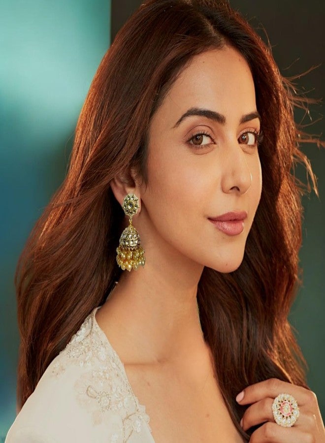Accessher Gold Plated Multicolour Pastel Semi Precious Stones Studded Ethnic Hoops and Jhumka Earrings/Traditional Jhumkis for Women and Girls - Image 2