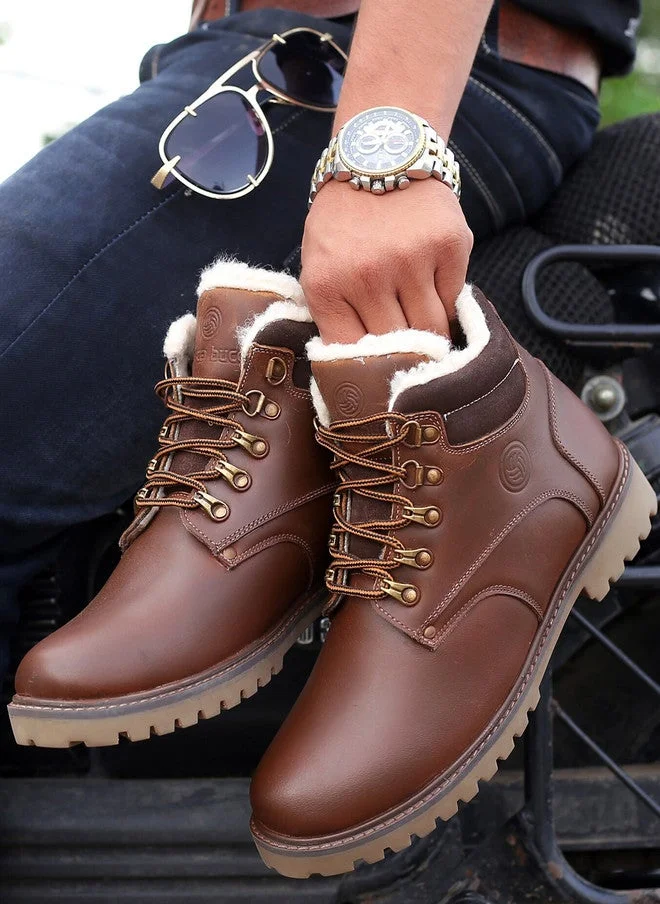 Bacca Bucci Brown Moscow Leather Biker Boots with Fur for Hiking for Men | Best Price UAE