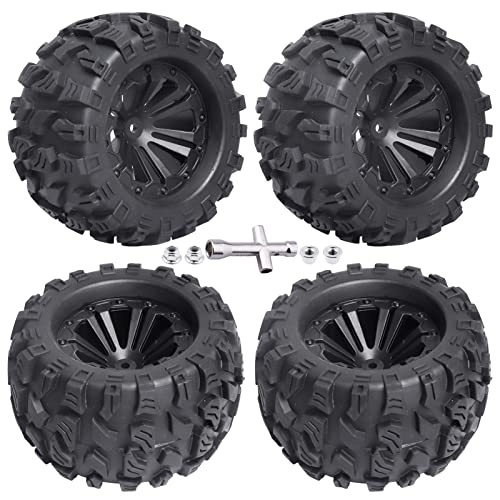FriHobby 28 Tires and Wheels 12mm Hex PreGlued 110 Monster Truck Tyres Sets for Traxxas Rustler Stampede Redcat Volcano Blackout MT OffRoad Cars Models 2S4S Brushless Power Set of 4 - Image 1