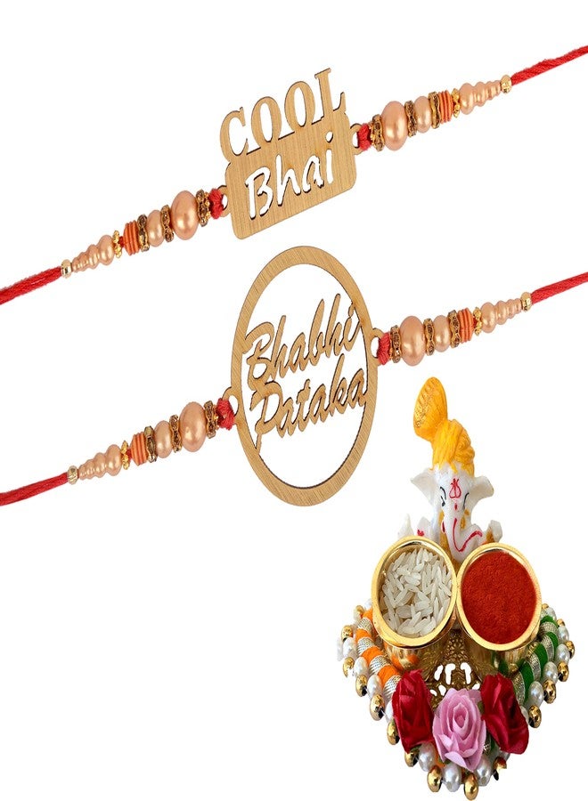 CLUZE Cool Bhai and Bhabhi Pataka Quirky Designer Rakhi set of 2 with Ganesha Idol Roli Chawal Platter - Image 1