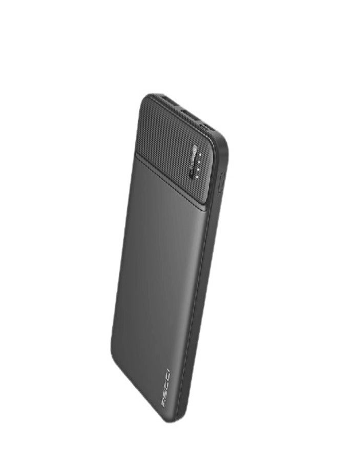 Recci N16 Wired Power Bank 10000mAh – A+ Grade Lithium Polymer Battery, Dual Input (Micro/Type-C) & USB-A Output, 2.1A Fast Charging, PC+ABS Fire-Resistant Body – Black - Image 1