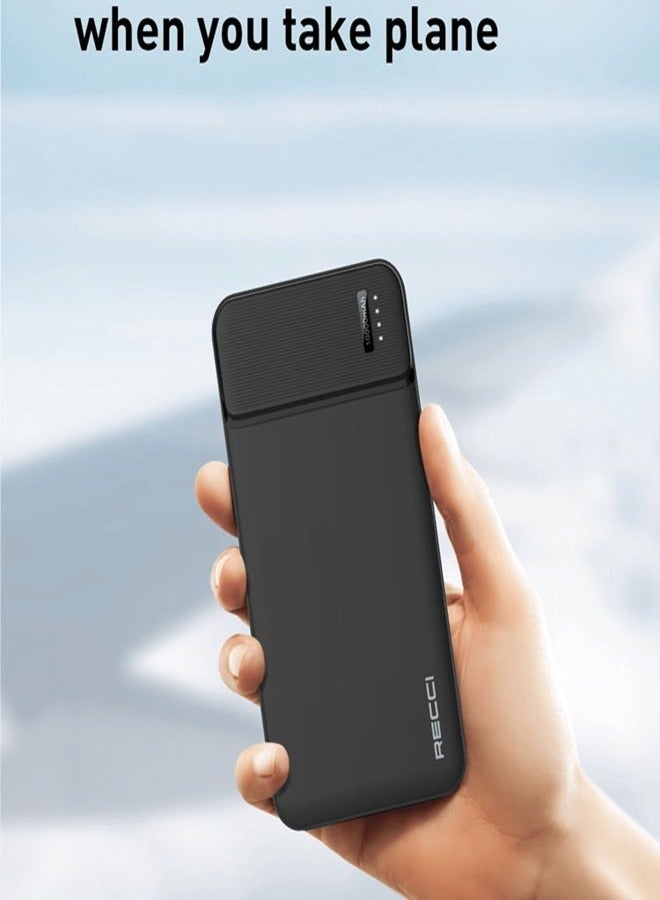 Recci N16 Wired Power Bank 10000mAh – A+ Grade Lithium Polymer Battery, Dual Input (Micro/Type-C) & USB-A Output, 2.1A Fast Charging, PC+ABS Fire-Resistant Body – Black - Image 2