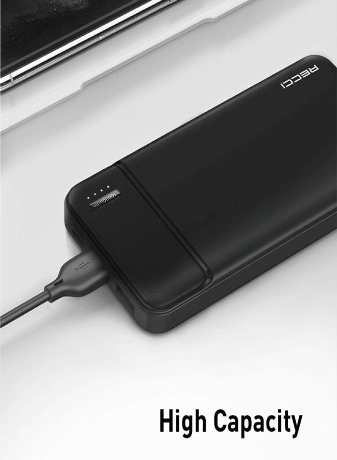 Recci N16 Wired Power Bank 10000mAh – A+ Grade Lithium Polymer Battery, Dual Input (Micro/Type-C) & USB-A Output, 2.1A Fast Charging, PC+ABS Fire-Resistant Body – Black - Image 3