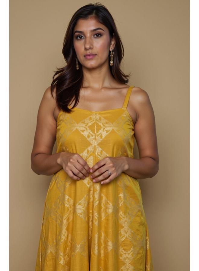 trueBrowns Lime Brocade Flared Kurta Set - Image 4