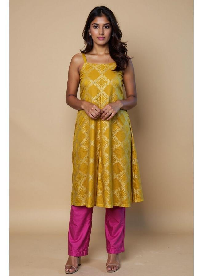 trueBrowns Lime Brocade Flared Kurta Set - Image 2