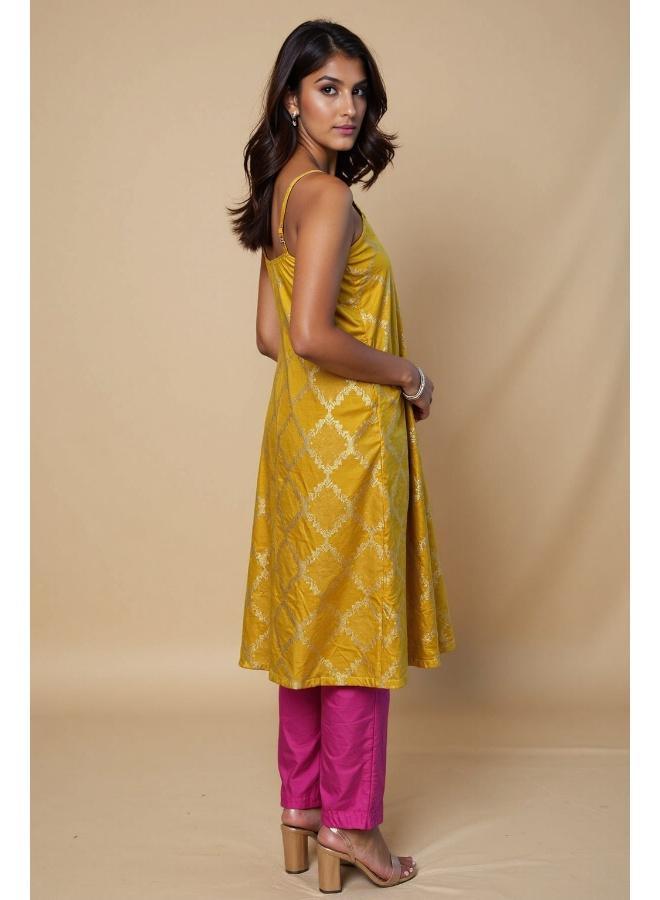 trueBrowns Lime Brocade Flared Kurta Set - Image 3