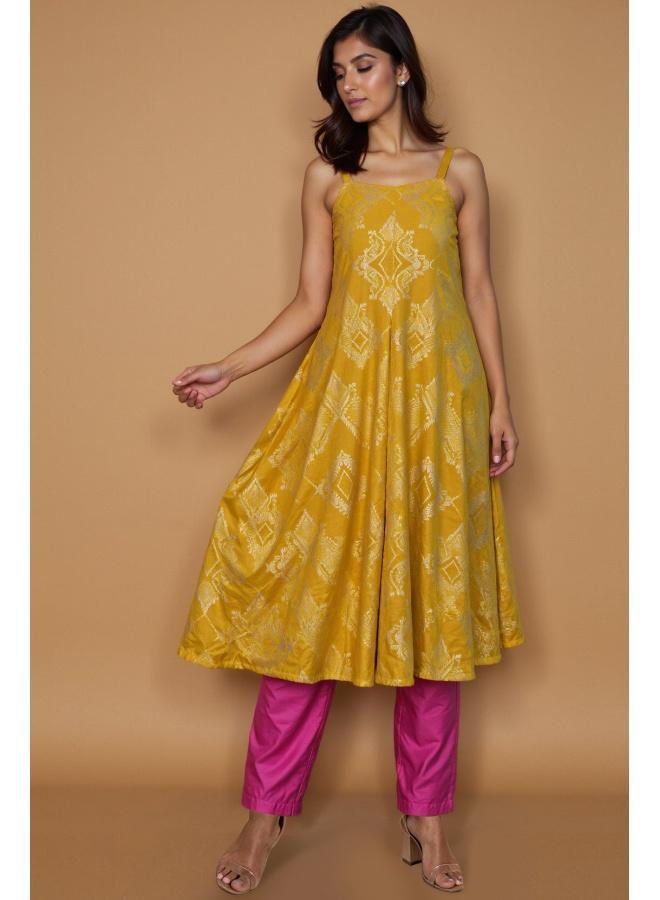 trueBrowns Lime Brocade Flared Kurta Set - Image 1